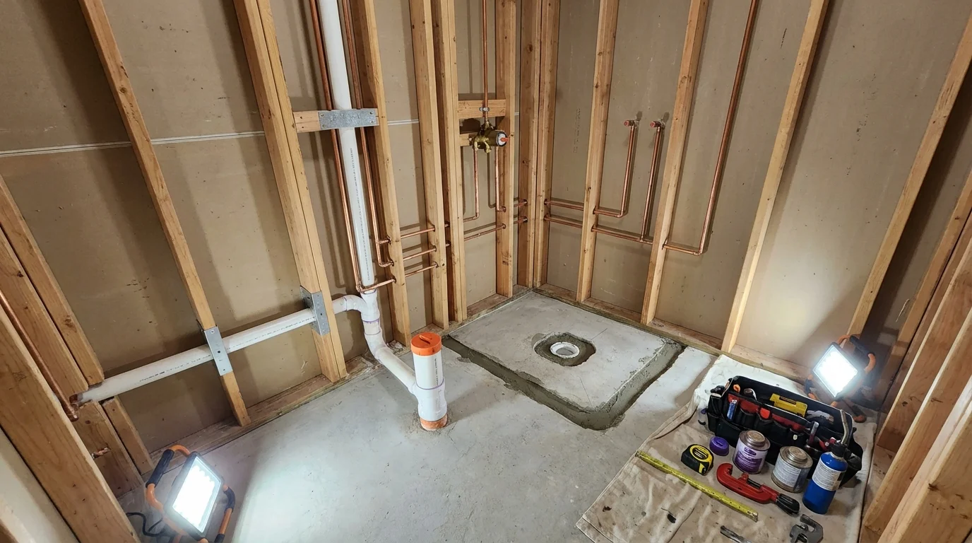 Bathroom rough-in plumbing during remodel by Johns Plumbing LLC in Mulino