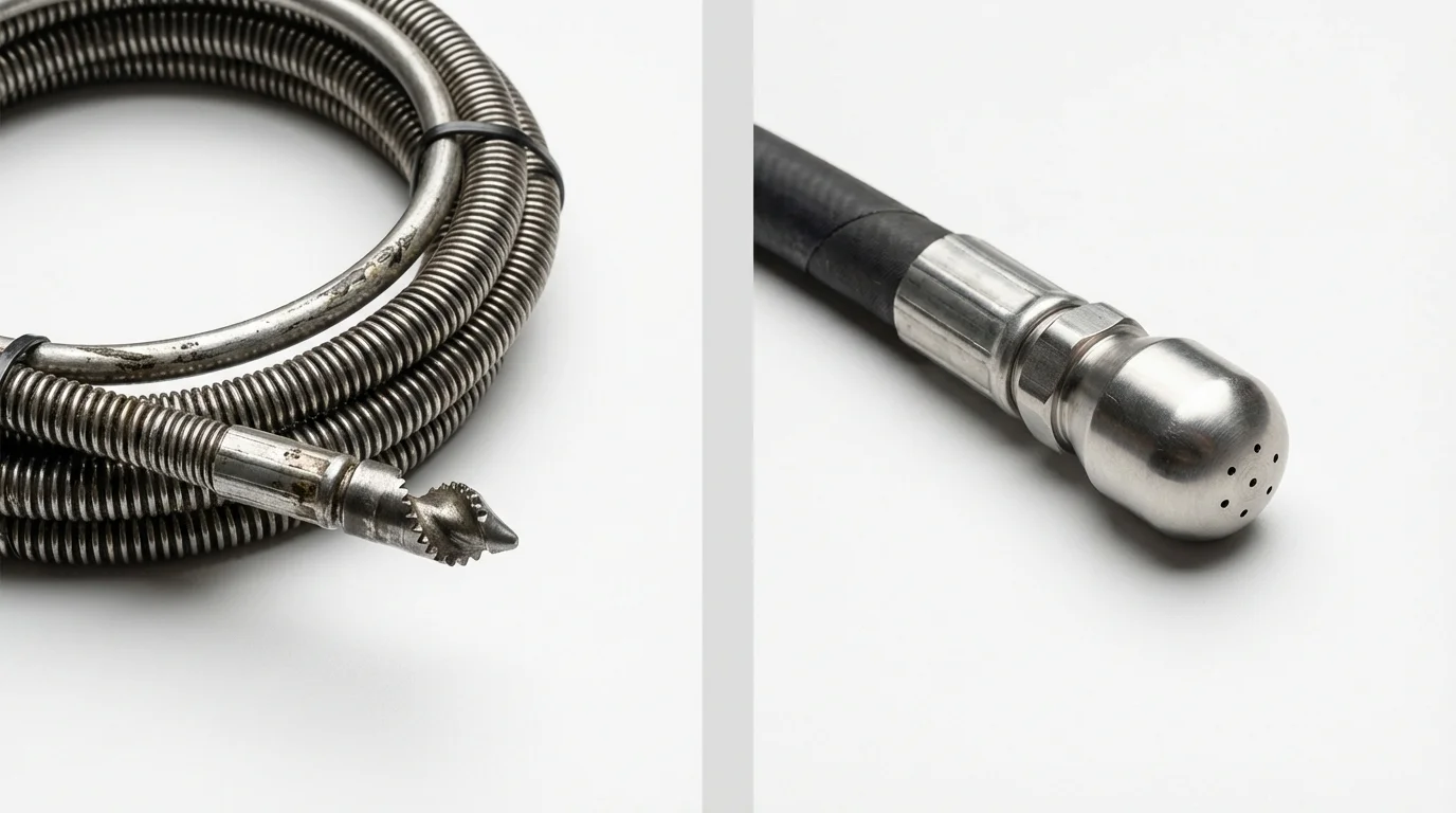 Drain snake cable and hydro jetting nozzle used for drain cleaning in Mulino, OR