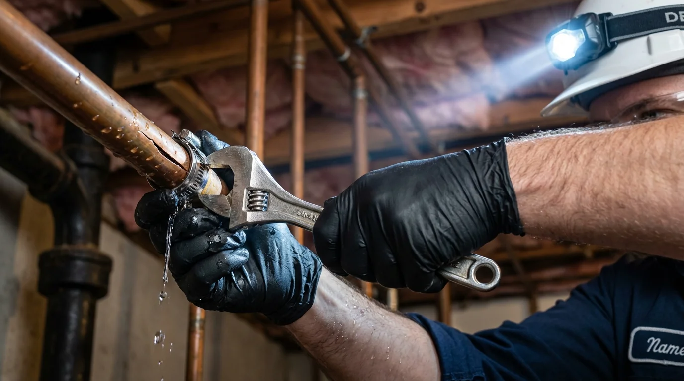 Emergency pipe clamp repair being performed by a Johns Plumbing LLC plumber in Mulino