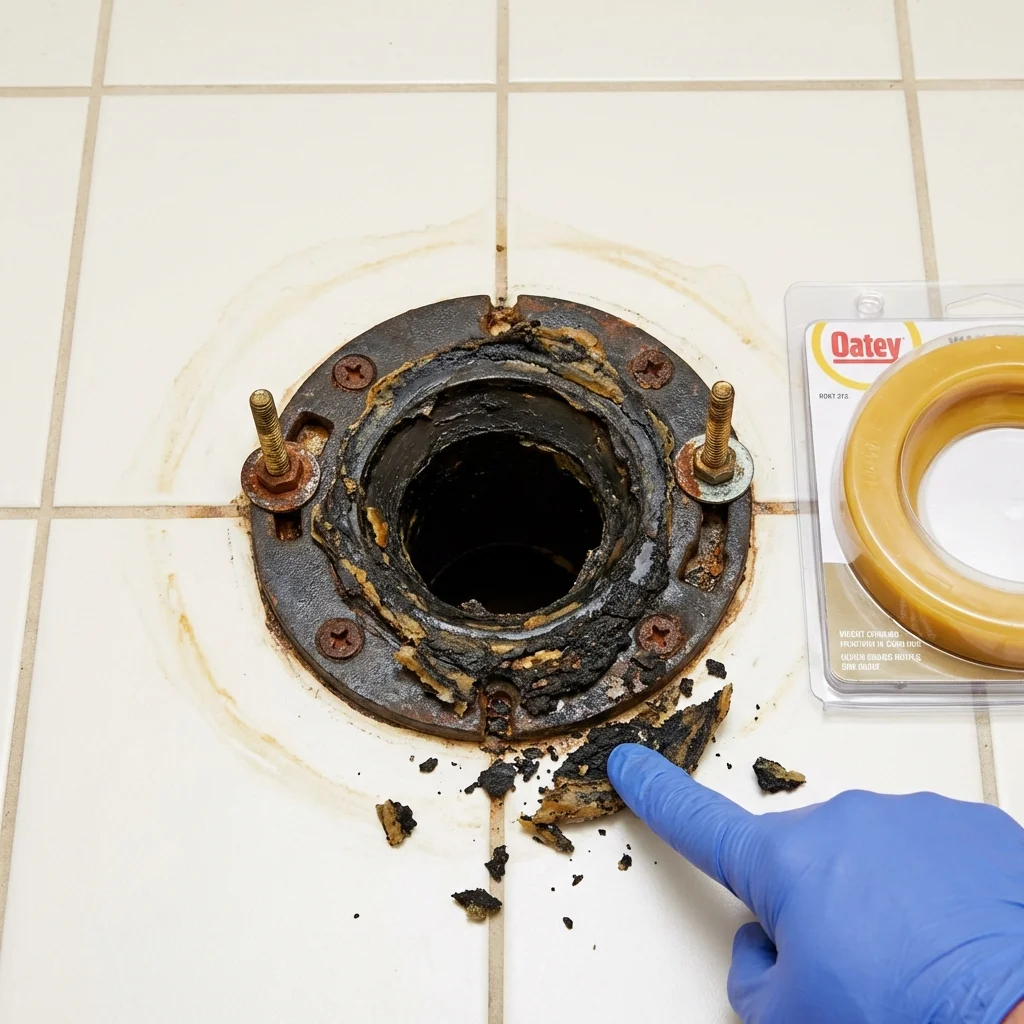 Failed wax ring showing water seepage at the base of a toilet in a Mulino, OR home