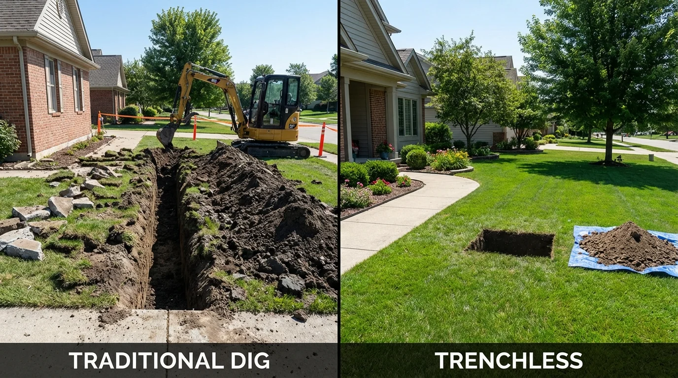 Trenchless sewer repair with minimal yard damage versus traditional excavation in Mulino, OR
