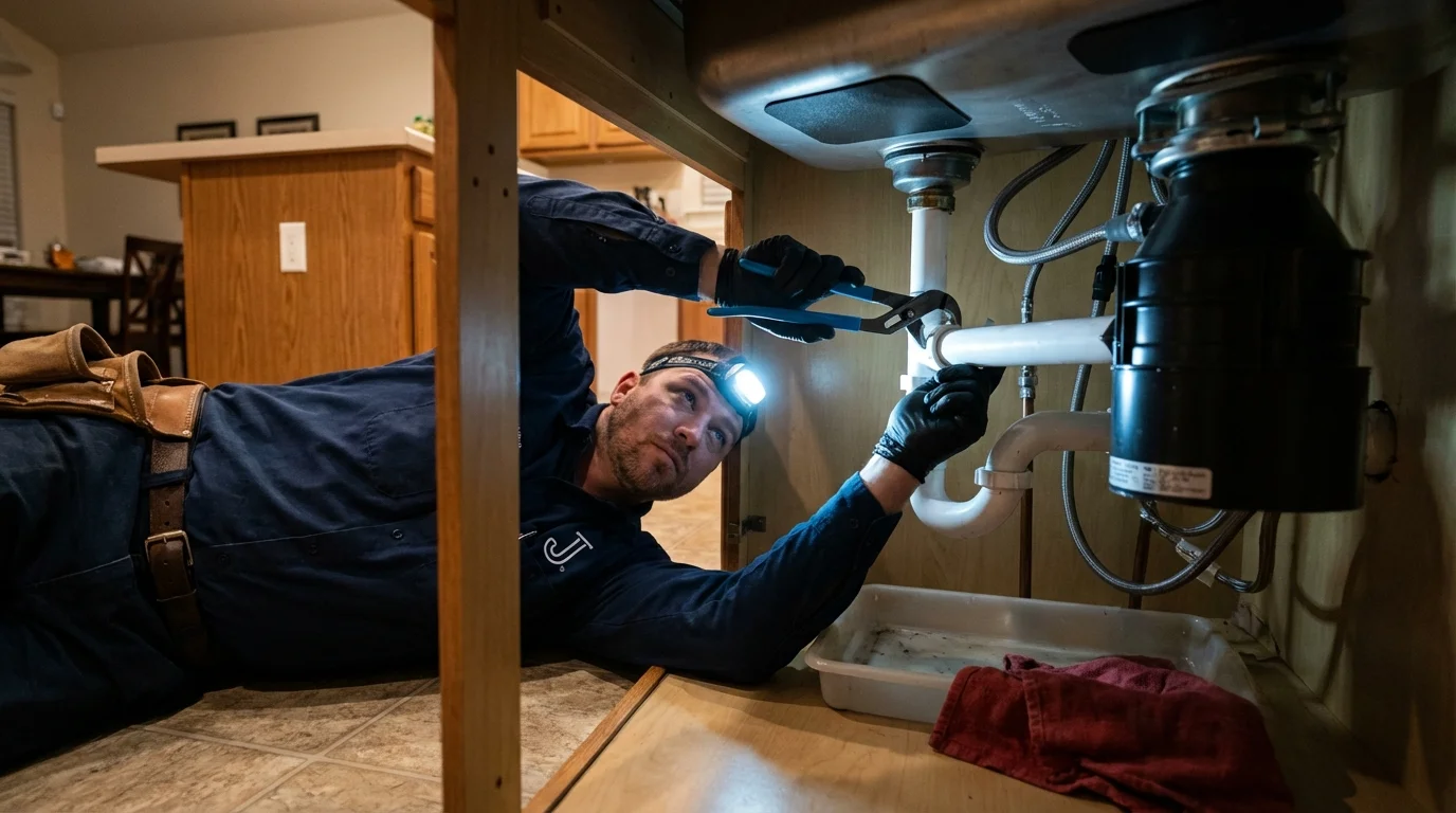 P-trap and supply line connections under a kitchen sink showing a common leak point in Mulino, OR